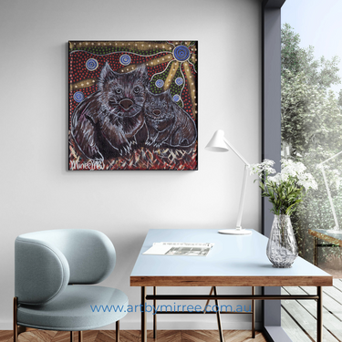 AUSTRALIAN WOMBAT AND BABY Framed Canvas Print by Mirree Contemporary Aboriginal Art